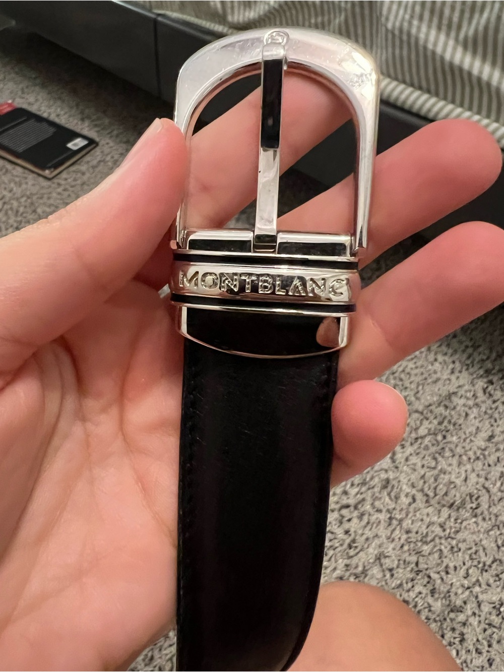 Montblanc Men's Black Leather Belt with Silver Buckle